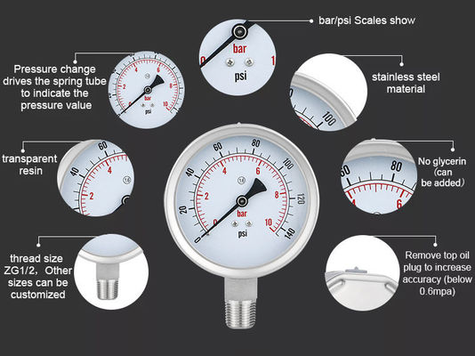 Conexión de hilo WZ 100mm 304SS Medidor de presión de acero inoxidable Código de cabeza cilíndrica