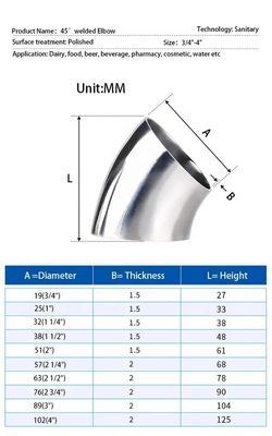 Conexión de soldadura sanitaria forjada SS304 316L Codo de 45 grados para aceite agua gas leche